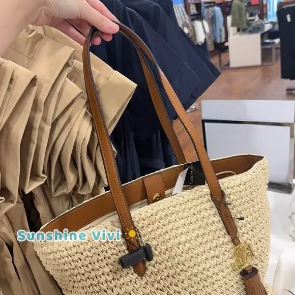 NWT Lauren RALPH LAUREN Crochet-Straw Medium Whitney Tote Natural/Lauren Tan - Picture 6 of 9